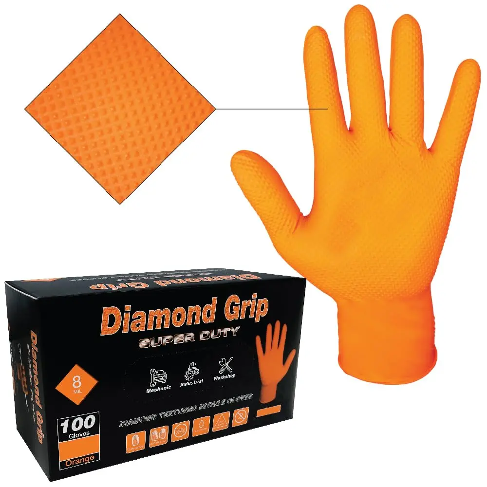 Nitrile Disposable Gloves - 8-mil Thick Heavy Duty Orange Industrial Cleaning Gloves, Raised Diamond Grip, Comfortable, Latex-Free, Powder-Free, 100-Count Box