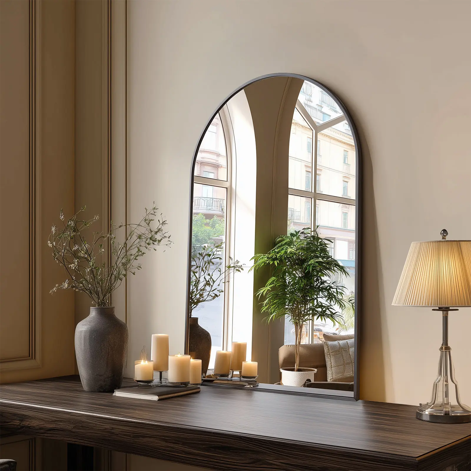 JHK Elegant Arched Bathroom Mirror, 22x 30/ 24x36/ 26x38 In Wall-mounted Vanity Makeup Mirror with Metal Frame, for Bedroom, Entryway, Living Room, Gold/Black