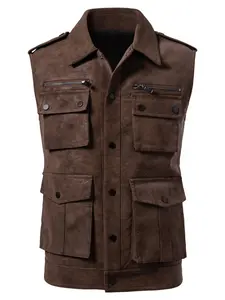 Men's Faux Suede Multi-Pocket Workwear Vest Gilet, Classic American Vintage Motorcycle Jacket, German Business Casual Layered Wear, Menswear
