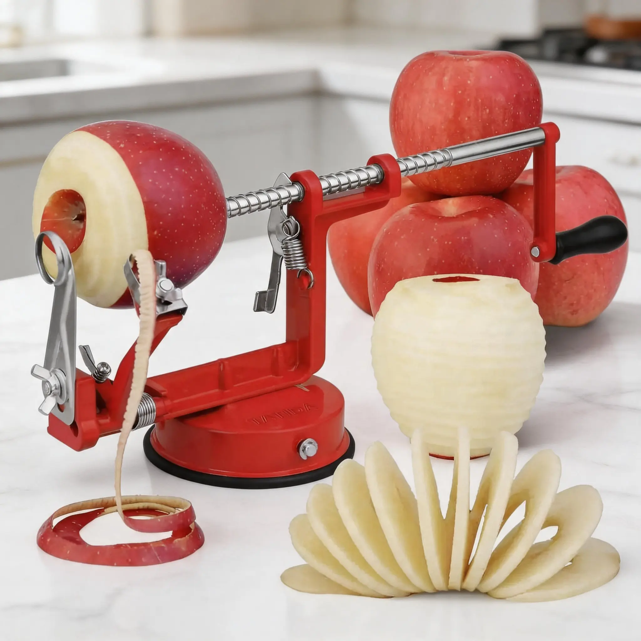 3-in-1 Stainless Steel Kitchen Multitool - 3 in 1 Design Multi-Function Fruit Tool for Peeling, Coring, Slicing Apples, Pears with Durable Powerful Suction Base for Efficient Use