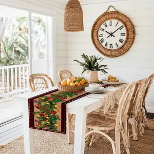 1PC Christmas - element table runner with a pattern of Christmas ornaments, holly, and berries. Made of woven polyester, available in 13*72 inches and other sizes. Suitable for home kitchen decor and home decoration. merry christmas