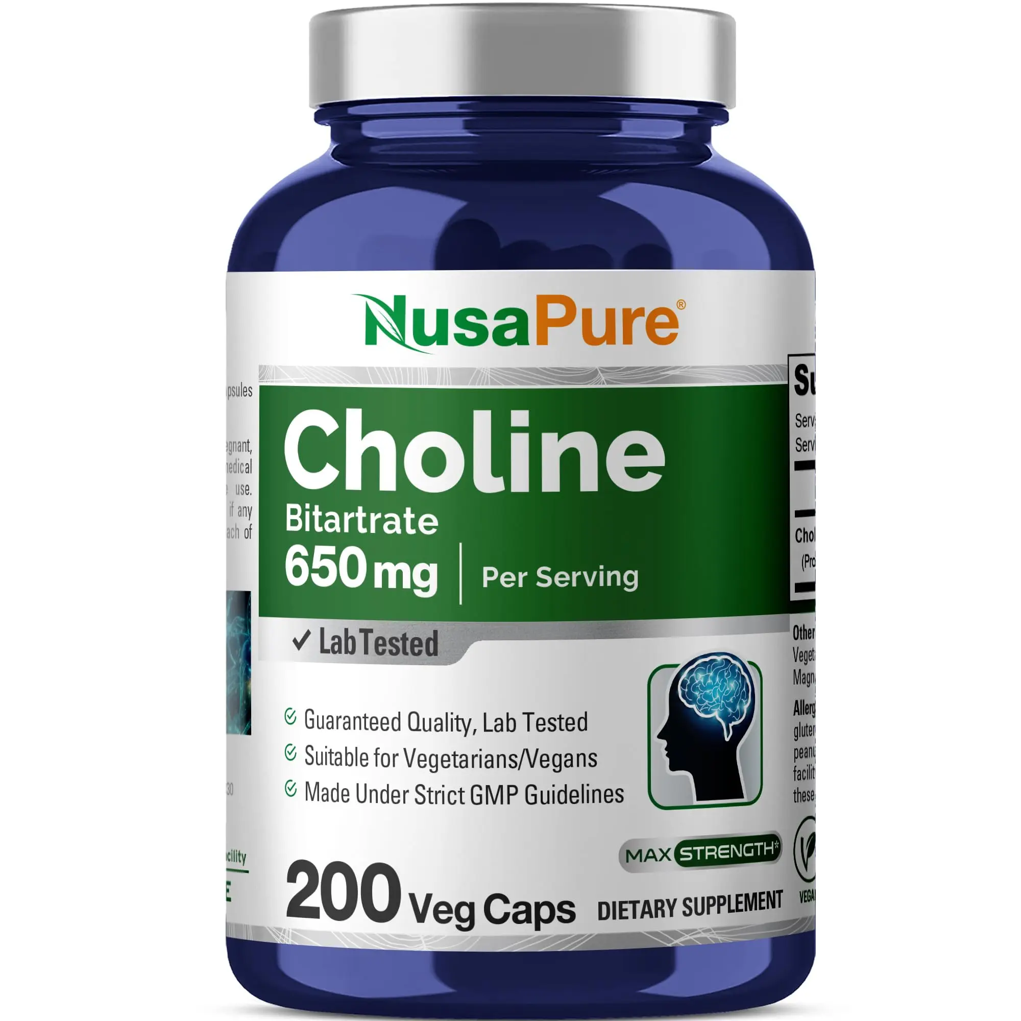 NusaPure Edible Choline Bitartrate Dietary Supplement - 650 mg, 200 Capsules, Natural Focus Vitamins for Brain Health & Muscle Support, Vegetarian/Vegan-Friendly, Non-GMO, Metabolism Support