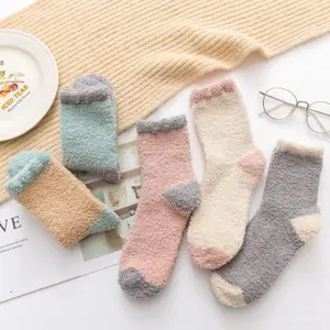 5 Pairs Women's Bed Socks Block Color Fluffy Warm Winter Gift Soft Floor Home Candy Color Coral Velvet Socks