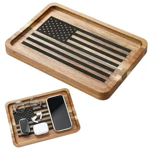 Newtay American Flag Valet Tray for Men Wood Catch All Dump Tray EDC Organizer 11 x 7.75 x 1 Inch for Keys Wallet Watches Phones Jewelry