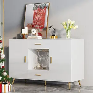 DWVO Sideboard Buffet, Buffet Cabinet Storage Credenza w/Adjustable Shelf, Wine Glass Holder, Drawers, Modern White & Gold Dresser 300 lbs Capacity for Living Room, Kitchen, Dining Room, White