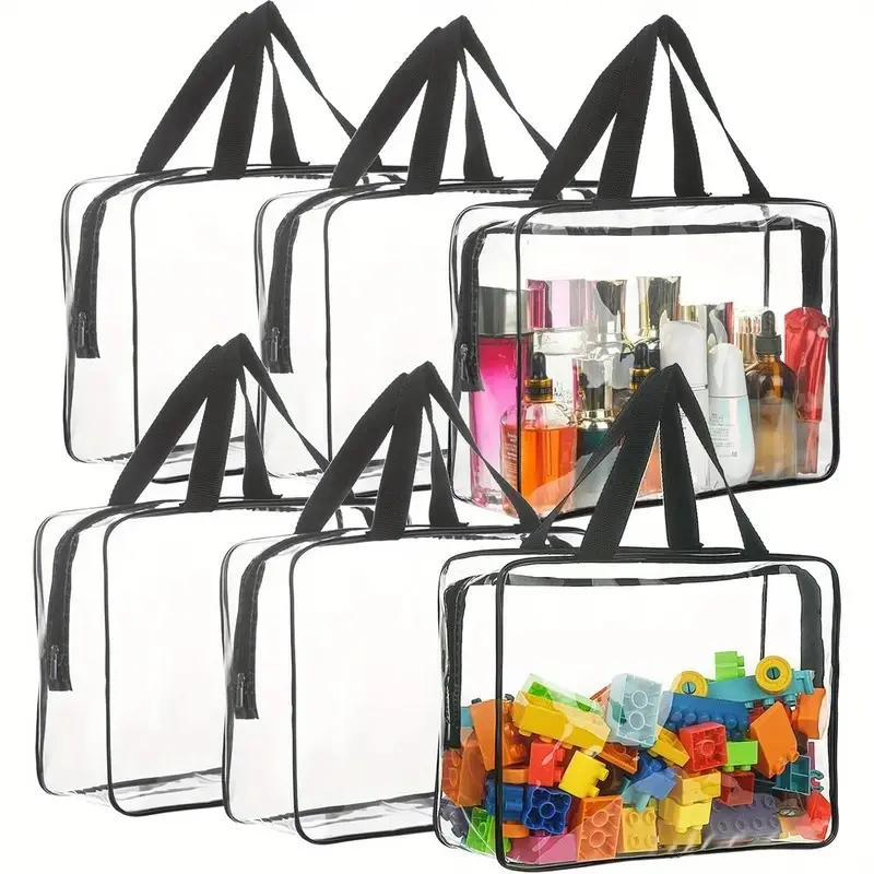 6-Pack Large Transparent PVC Ziplock Bags with Metal Zip - Thick, Waterproof, Dustproof, Durable, Odourless, Easy-Clean Smooth Surface, Handles - Universal Home Supplies for Wardrobe, Building Block Organization, Ziplock Bag, Wipe Clean