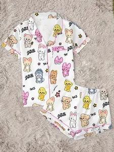 Women's K-Pop Style Kawaii Animal Print Pajamas, 2 Piece Short Sleeve Sleep Set, Cute Cartoon Sleepwear, Perfect Summer Gift