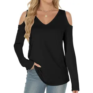 Solid Color Women's V-Neck Off-Shoulder Long-Sleeve T-Shirt, Autumn/Winter Loose Basic Top, Sexy Casual Shirt, Trendy T-Shirt