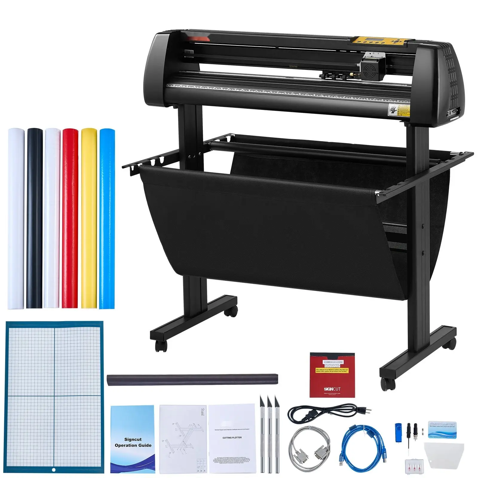 Vinyl Cutter 34 Inch Bundle for Design and Sign Making, Desktop Cutter with LCD Display, Manual and Computer Guided Plotter, Signmaster Software Compatible, Includes Supplies, Tools, Mats, Blades