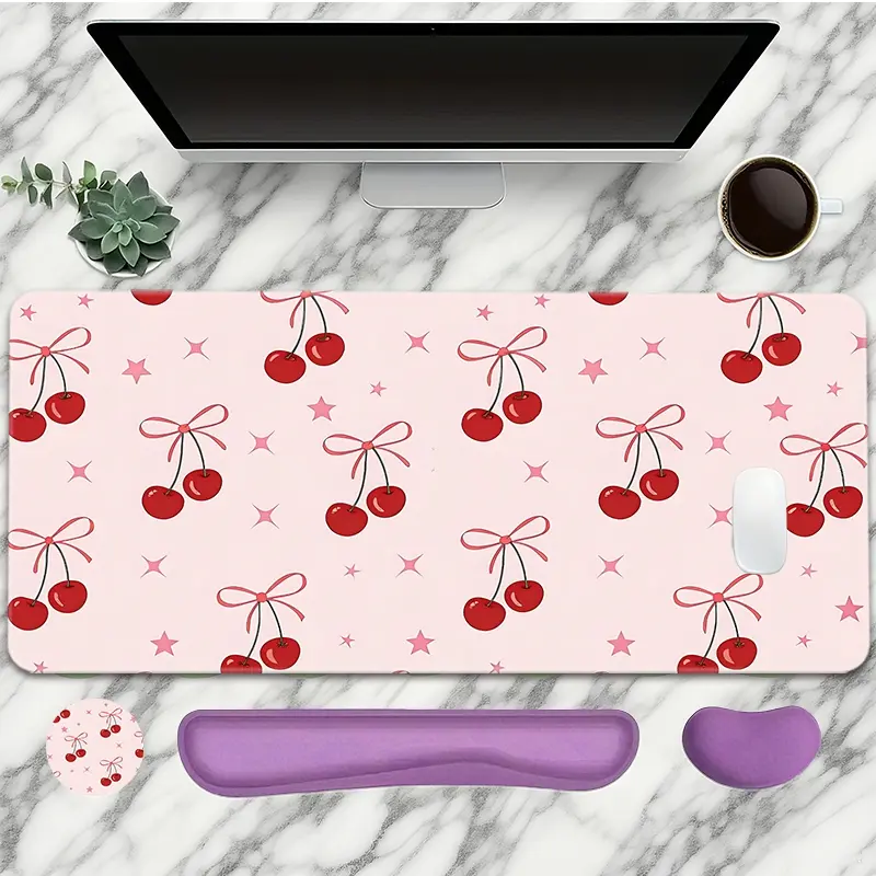 Cherry Pattern Mouse Pad With Wrist Rest Set 4PC Pink Large Gaming Mouse Pads Cartoon Style Mouse Pad For Desk XXL Non-Slip Rubber Base Desk Pad Keyboard Mat For Office Home Desktop Protector Decor Mousepad Desk Mat Mousepads Aesthetic