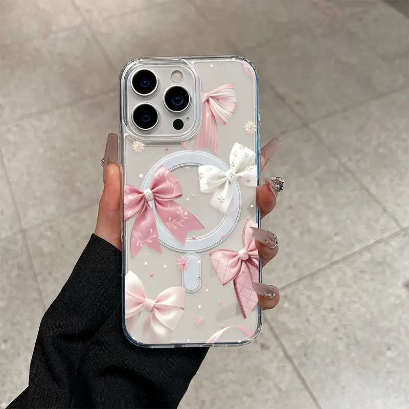 Cartoon Bow pattern phone case, acrylic transparent magnetic hard case, suitable for iPhone 17 Pro Max 16 15 14 13 12 11 Samsung GALAXY, anti drop phone case, lightweight and durable, supports wireless charging,Case Timy