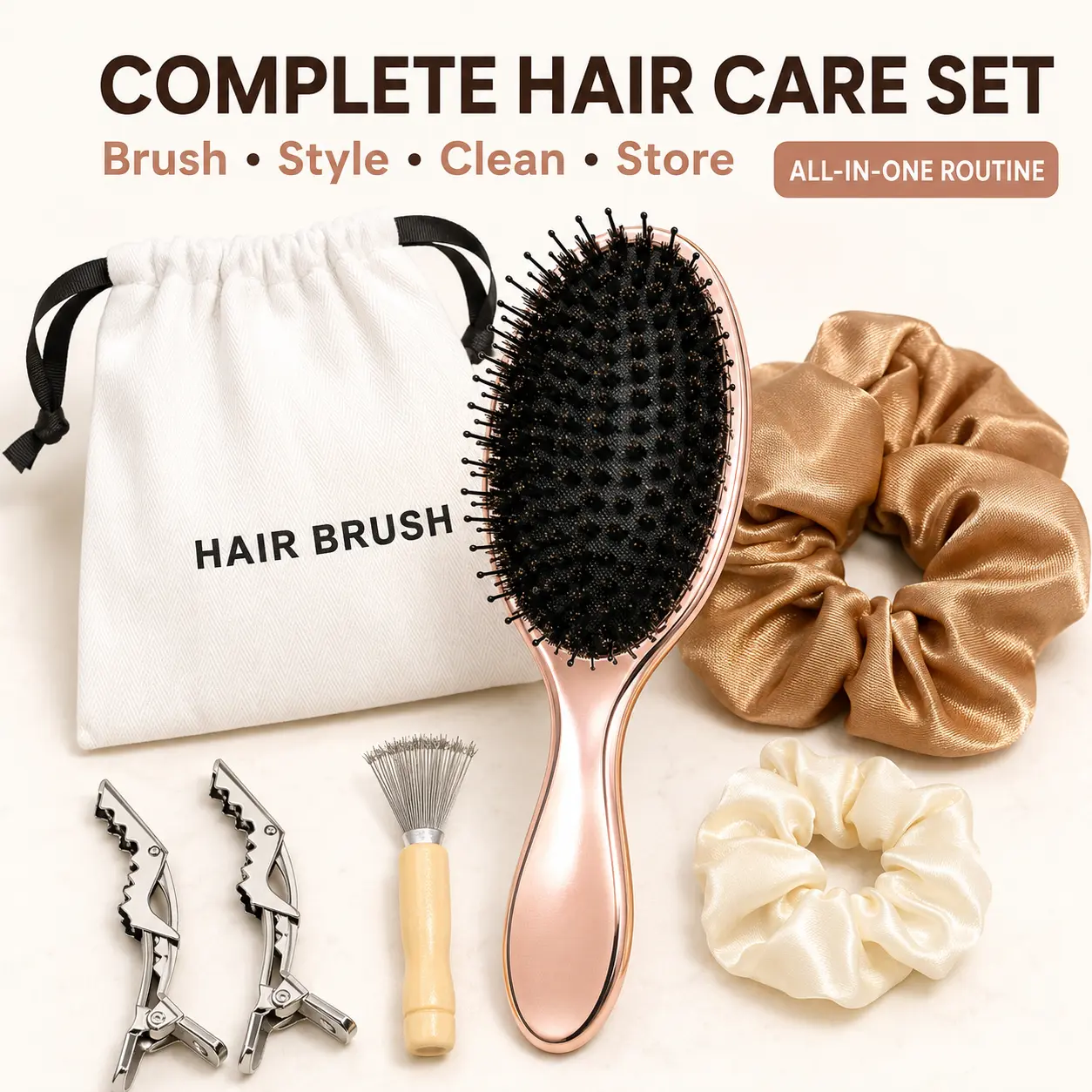 Hair Care Kit for Women with Boar Bristle Brush, Detangling Hair Brush Set, Anti Frizz Hair Accessories, Scrunchies & Clips for Long Thick Hair Boar Bristle Hair Brush voluminous styling