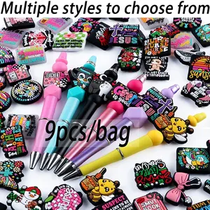 9pcs Various silicone focal beads, Fashionable Charms, animal letters, angels, insects, nurses, teachers, Christmas trees, snowmen, demons, books, love plants, etc. Suitable for DIY bead pens, keychains, bags, pendants, ornaments, etc