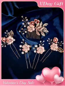 Rose Gold Bridal Headwear Set, Elegant Flower & Leaf Design Hair Comb & Hair Pin, Fashion Hair Accessories for Wedding Party Decor