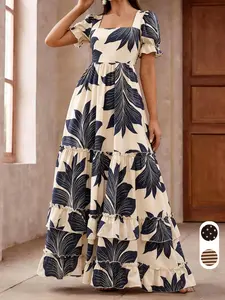Women's Print Dress, Square Neck Long Dress, Bubble Sleeve, Layered Ruffles, Vintage Style, Elegant, Feminine, Casual, Summer Fashion