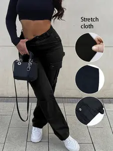 Women's Plain Pocket Pants, Casual Fashion Pocket Waist, Casual Streetwear Trendy Trousers for Daily Wear, Ladies Bottoms for All Seasons