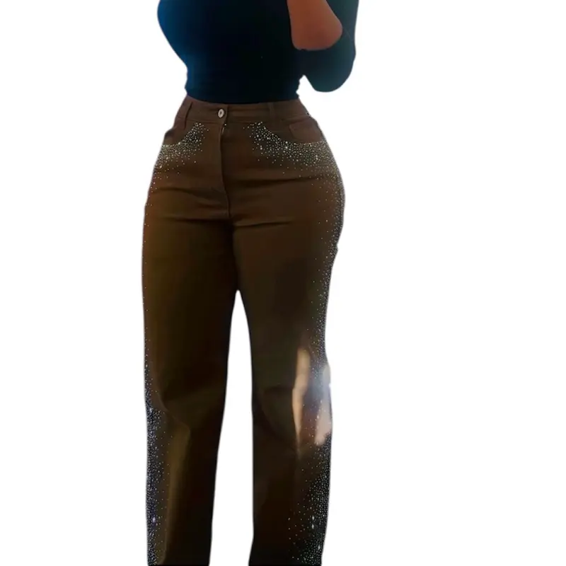 Women's Rhinestone Casual Jeans High Waisted Bling Sparkly Wide Leg Diamond Denim Trousers Fashion Cargo Pants
