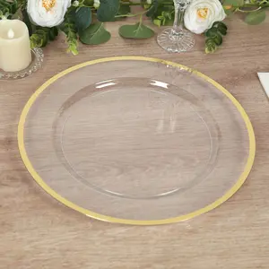 10-Pack Economy Plastic Charger Plates 12" Round Clear with Wide Gold Rim - Dinner Party Serving Plates
