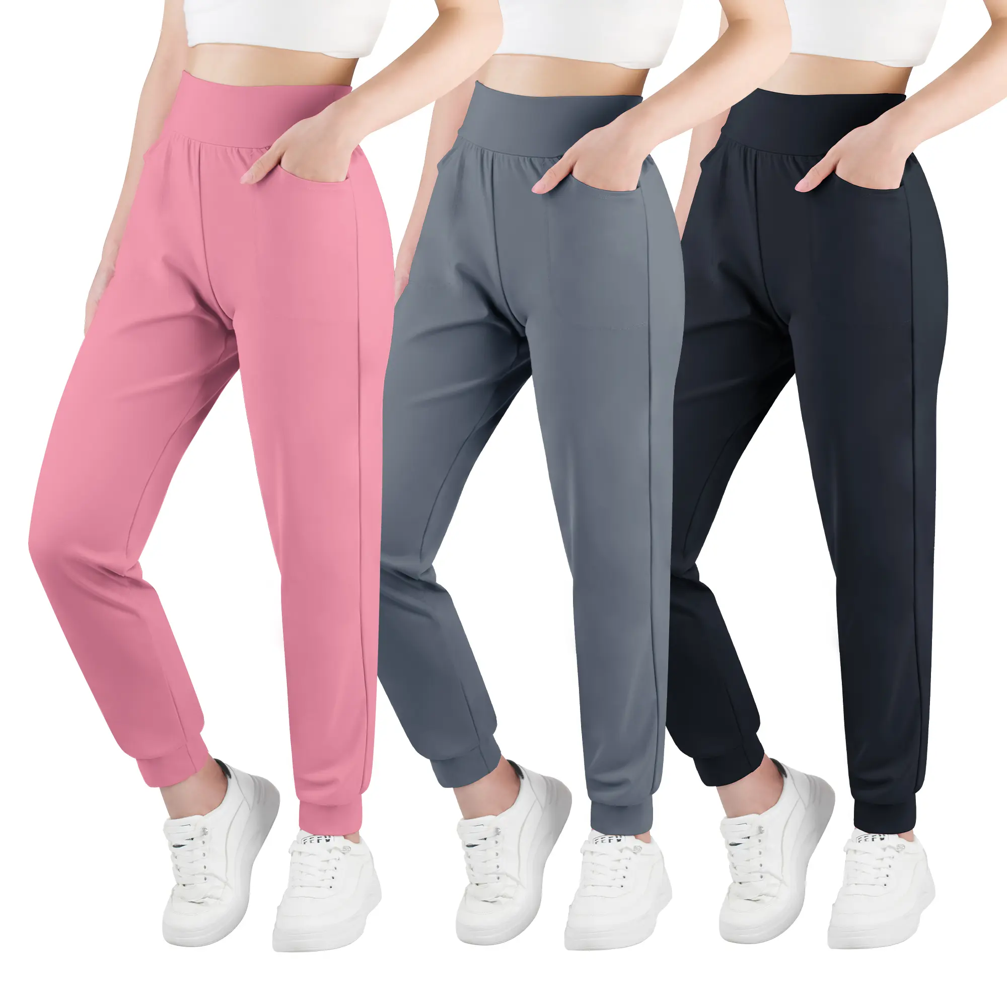 BIG ELEPHANT 3 Pack Girls Joggers with Pockets – High-Waisted ,Durable, Comfortable, Kids Athletic Pants for Yoga, Running, and Flexibility Versatile Style Tapered Leg Design
