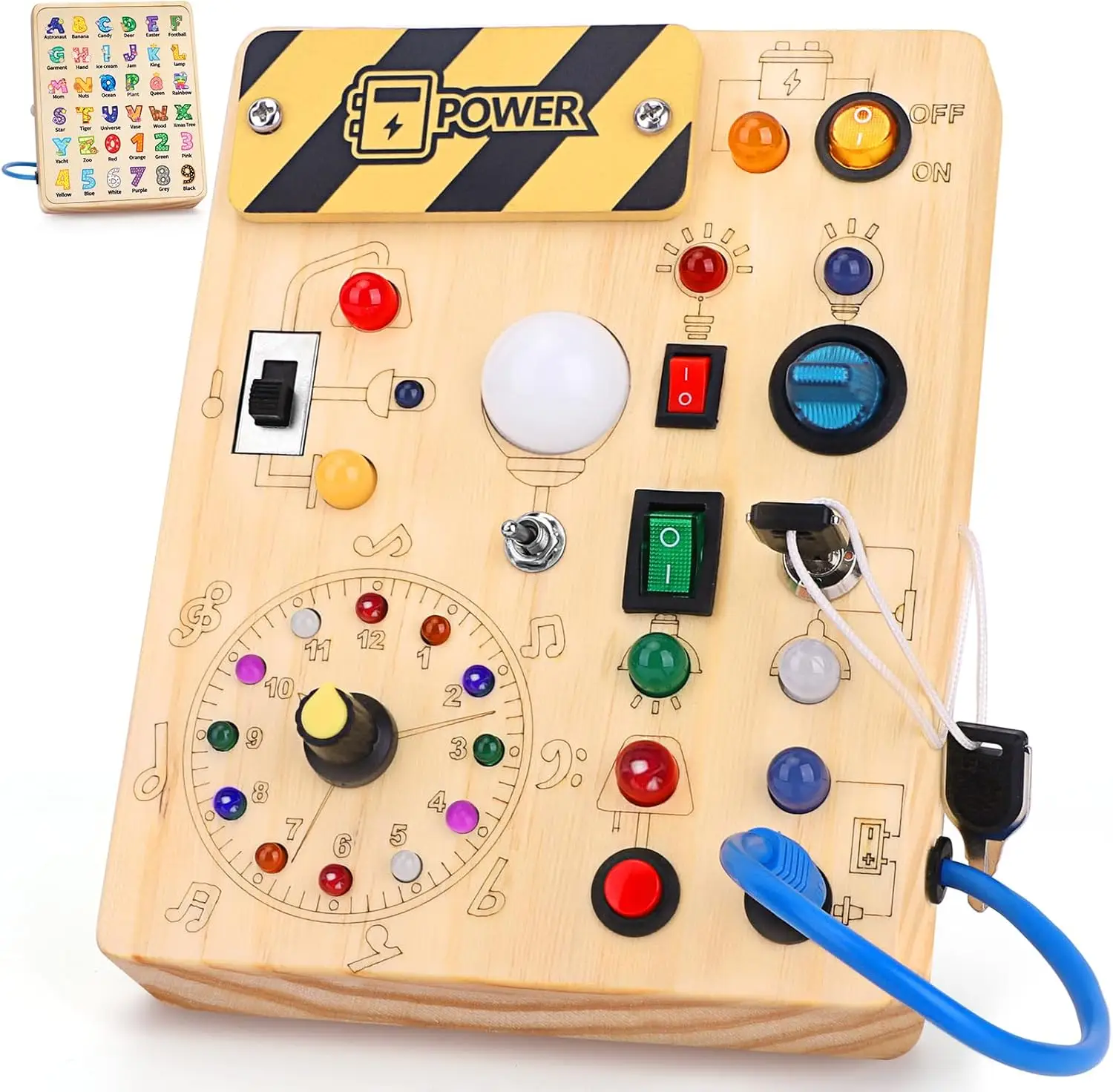 Busy Board, Montessori Toy for 1-3 Years Old, Wooden Toddler Sensory Travel Toy, Ideal Gift for 1+ Year Old Boys (Busy Board Plus V2), Medium, Yellow 