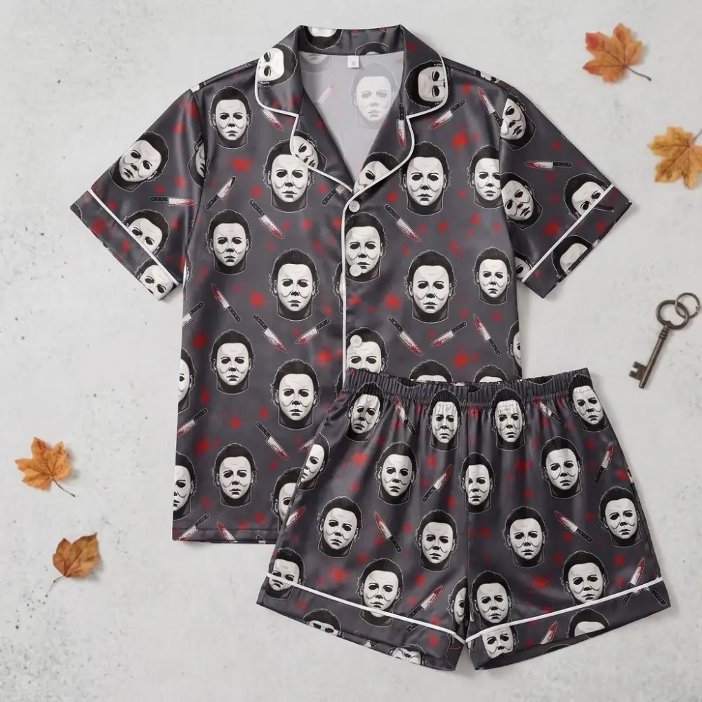 Michael Myers Satin Pajama Set, Bloody Knife Horror Mask Halloween Short Sleeve Sleepwear, Gift for Horror Movie Fans