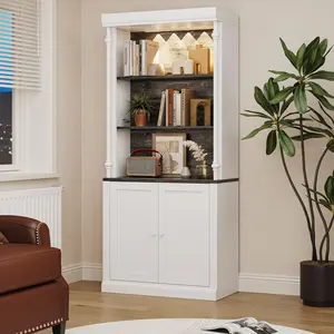 Bookshelf with Storage Cabinet, 5-Tier Display Case with LED Lights & Doors, Modern Freestanding Bookcase