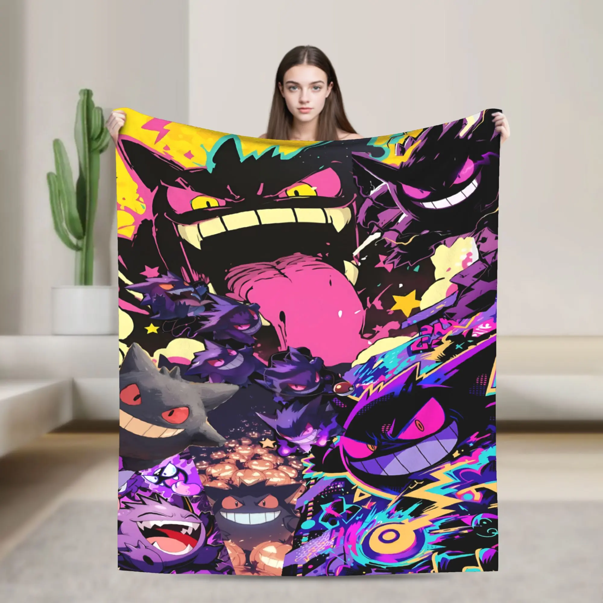 Anime Gengar Cartoon Flannel Throw Blanket Hallowmas Blankets Super Soft Cozy Plush Cover for Couch, Office, Bed, Lounge Multiple Sizes