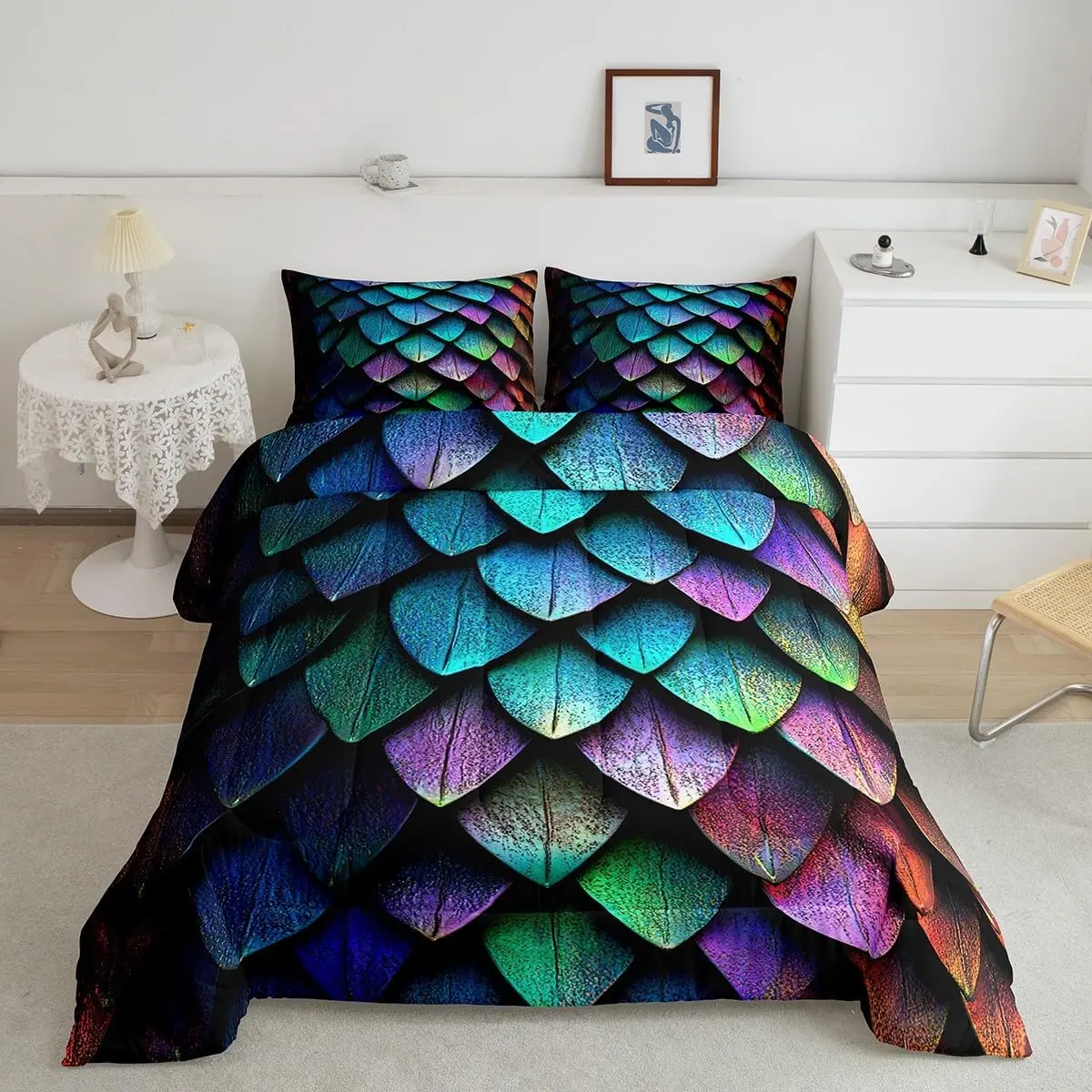 Feelyou Dragon Scale Print Decorative Bedding Set - Breathable Microfibre-Polyester Fiber, Psychedelic Wild Animal Hide Design Quilt, All Seasons King Size, Machine Washable Bedroom Linens Set