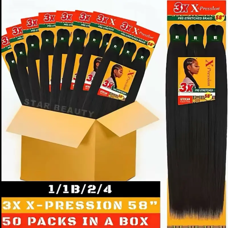 Star Beauty 3X X-Pression 58" Pre-Stretched Braiding Hair, 1/1B/2/4 Colors, 50 Packs in a Box, African American Human Hair Extensions