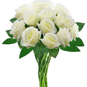 Long Stem White Artificial Roses 12Pcs - High-Quality Faux Roses for Home Decor Wedding Party Centerpieces DIY Bouquets
