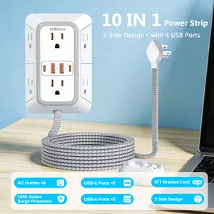 10-IN-1 Multi-Outlet Smart Power Strip with Square Universal Socket, 6 AC Ports, 4 Built-In USB Outlets (2 USB-C), 5ft Braided Cord, 3-Side Extender for Homes, Offices