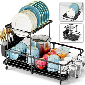 2 tier dish drying rack expandable dish rack for kitchen counter adjustable over the sink dish drainer large multifunctional dish strainer with removable top shelf for in sink use black