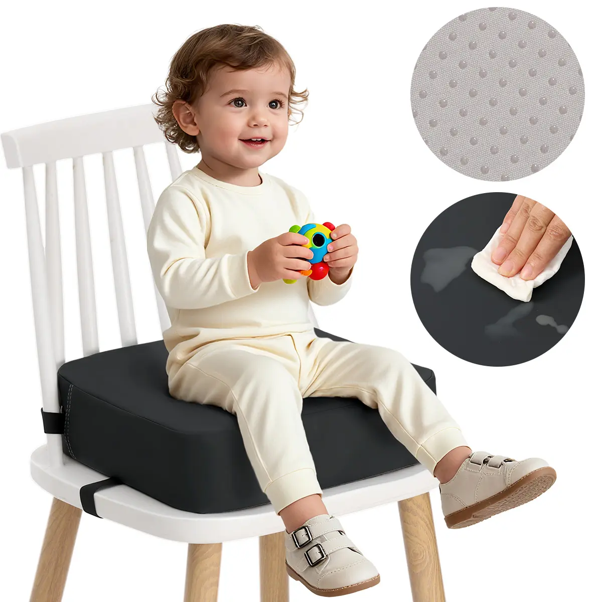 BIOBY Baby High Chair Portable Booster Cushion for Toddlers - Polyester, Waterproof, Non-Slip, Adjustable Straps, Drawing Feature, Parent-Approved, for Kitchen Chairs, Home/On-the-Go Use, Black