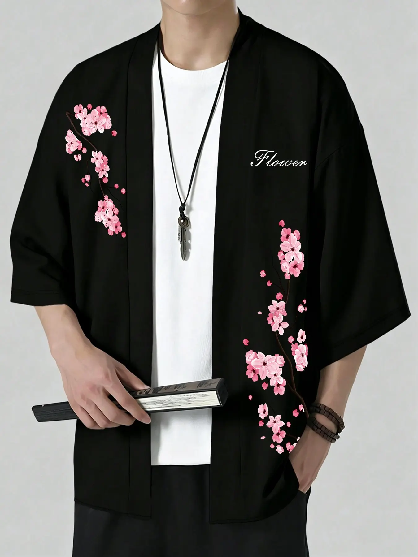 Men's Cherry Blossom Graphic Print Kimono Open Front Coat, Traditional Japanese Zen Street Style Outerwear, Elegant and Stylish Design