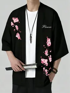 Men's Cherry Blossom Graphic Print Kimono Open Front Coat, Traditional Japanese Zen Street Style Outerwear, Elegant and Stylish Design