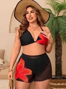 Plus Size 3pc Bikini Set with Mesh Pants - Color Block Summer Beachwear