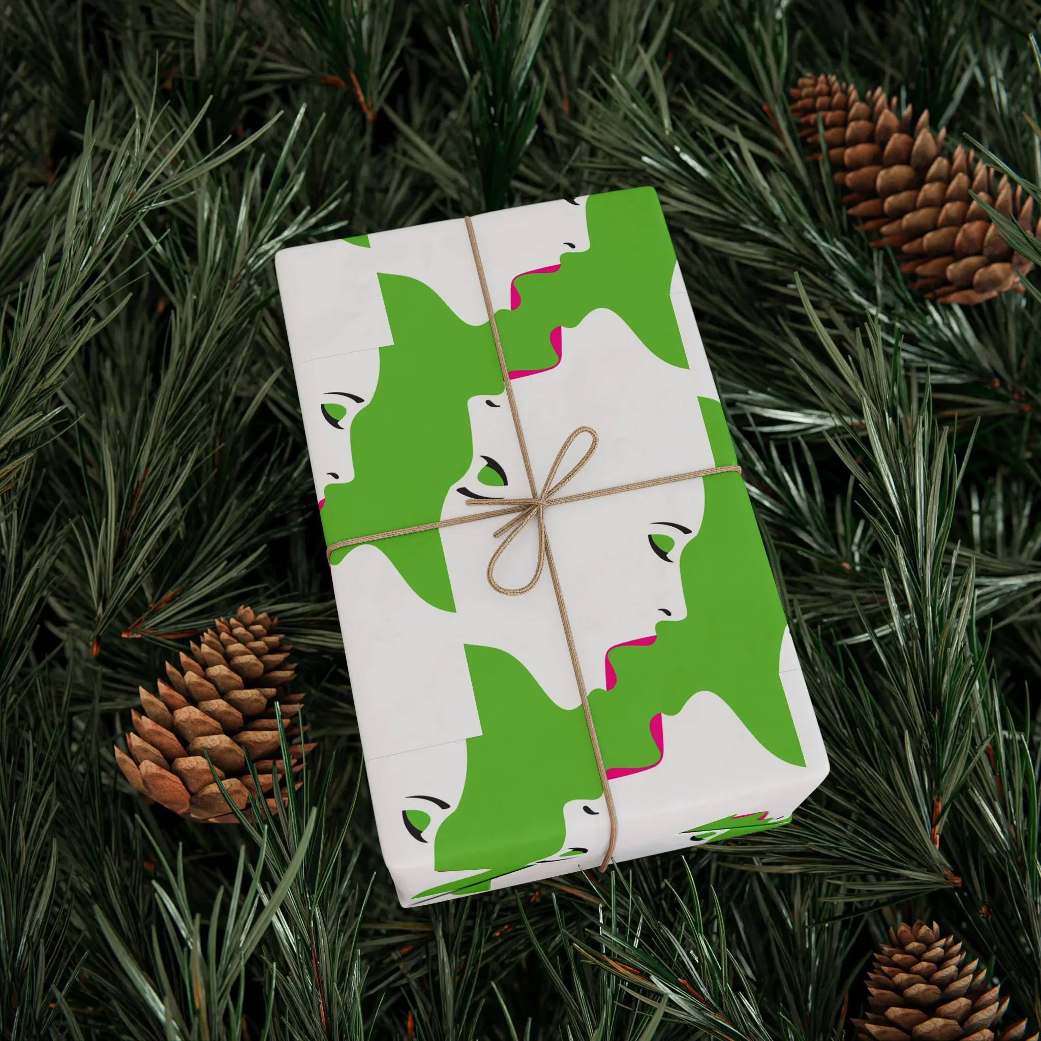 Abstract Green Face Kiss Line Art Wrapping Paper, Quirky Pop Art Adult Gift Wrap Roll for Birthday & Friends