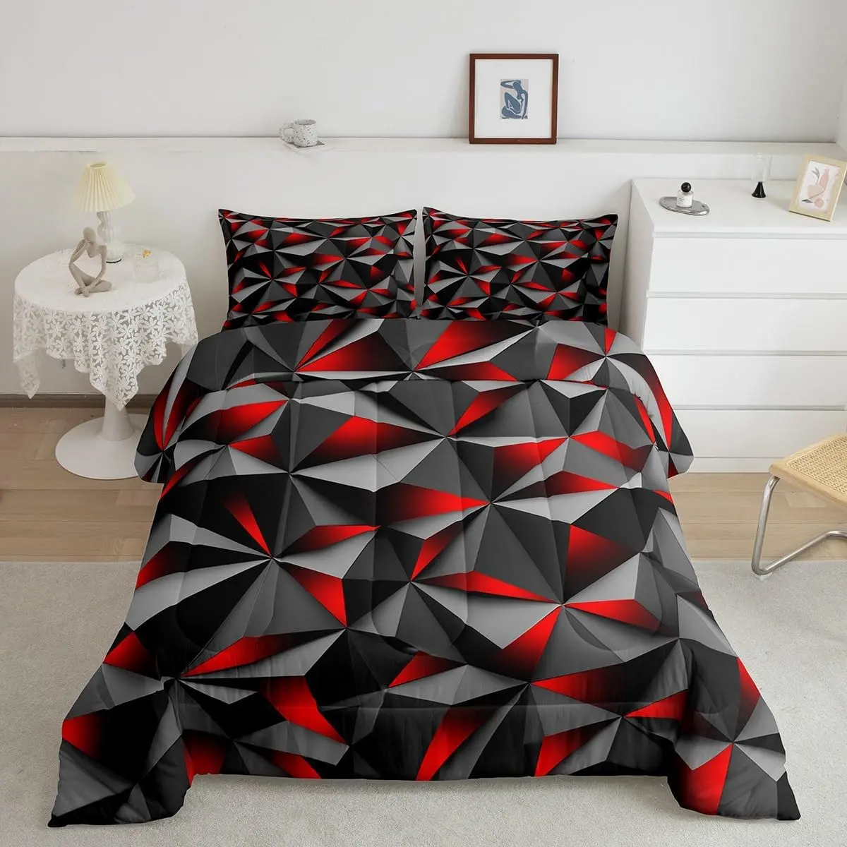Feelyou Twin Size Microfiber Bedding Set - Red Black Luxury Decorative Breathable Geometric Modern Abstract Designer Comforter Duvet Set for Room Decor, Breathable Duvet Set