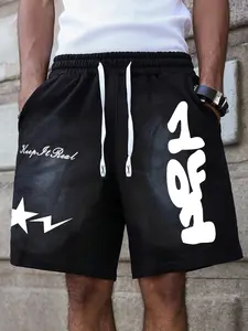 Men's Casual Drawstring Beach Shorts, Side Graffiti Font '1 of 1' & 'keep It Real', Vintage Washed Texture, Comfortable Fabric