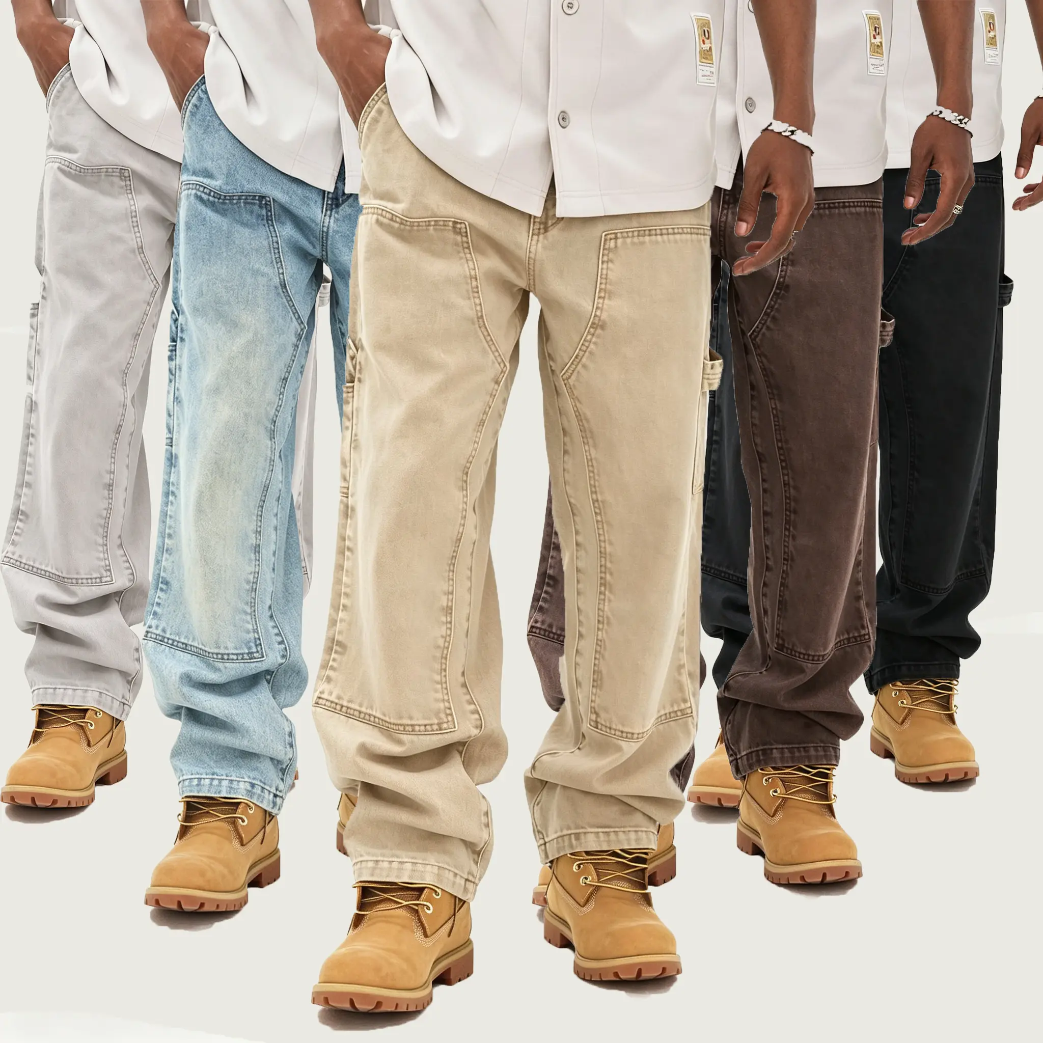 Men’s high-quality cargo jeans in black, blue, and purple—solid color with patch details, washed distressed finish. Relaxed fit with loose straight legs, thick and durable plain denim pants featuring cargo pockets. Vintage workwear, American street style;
