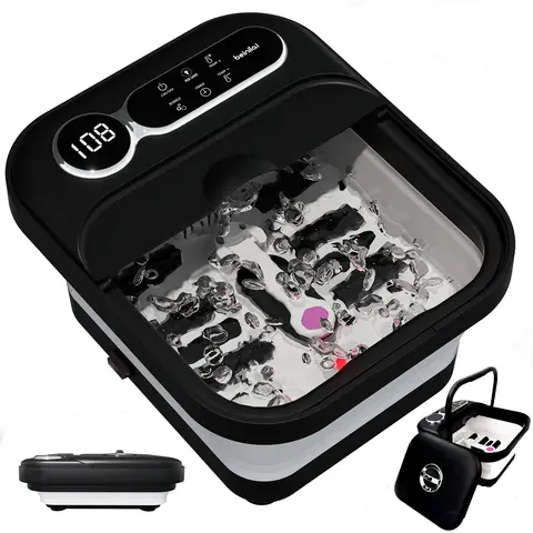Beinilai Rectangular Compact Foldable Plastic Foot Basin Heat-Massager - 6 Roller Deep Relief, Bubble Function, Removable Pedicure Stone, Precise Temp Control, Timer, Oversized Touch Screen (Gift for Fathers, Home Bathroom Stress Relief Use)