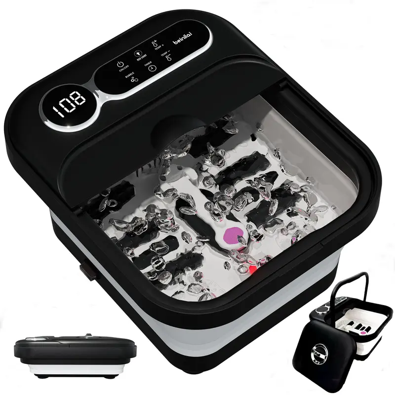 Beinilai Rectangular Compact Foldable Plastic Foot Basin Heat-Massager - 6 Roller Deep Relief, Bubble Function, Removable Pedicure Stone, Precise Temp Control, Timer, Oversized Touch Screen (Gift for Fathers, Home Bathroom Stress Relief Use)