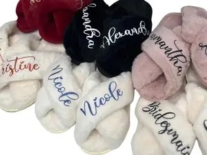 Personalized Fluffy Slippers Soft Round Toe Slide-Ons for Women Bridal Party & Honeymoon Gifts Customizable for Bridesmaids & Brides Comfortable & Warm for Summer Faux Fur Ivory Initials
