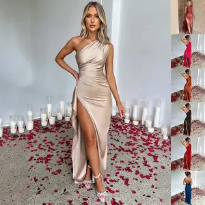 Sexy Off-Shoulder Backless Split  Summer Elegant Slim Fit Solid Color Satin  for Women dress Asian Check Fabric Formal