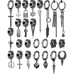FINREZIO 25 Pcs/Set Men Clip on Earrings Stainless Steel Cross Chain Dangle Earrings Black Fake Earrings for Men Women Non Pierced Huggie Hoop Earrings Set Daily