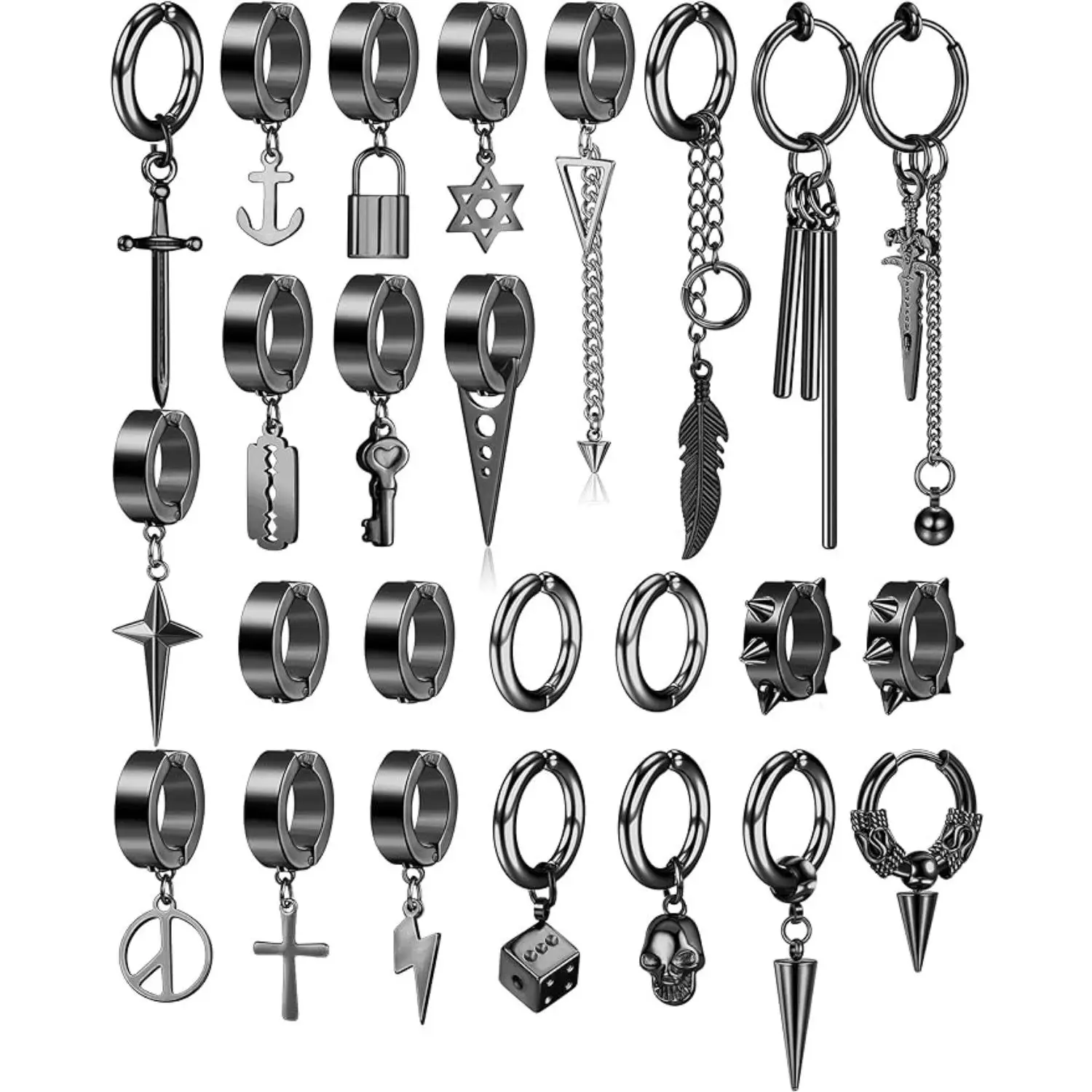 FLORIDECO 25 Pcs/Set Men Clip on Earrings Stainless Steel Cross Chain Dangle Earrings Black Non Pierced Huggie Hoop Earrings Set for Men and Women Cas