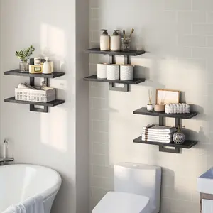 HOOBRO Set of 3, Wall Mounted Storage Shelves 2-Tier, Hanging Bathroom Shelves, for Living Room, Bedroom, Bathroom, Kitchen, Black #SummerVibes