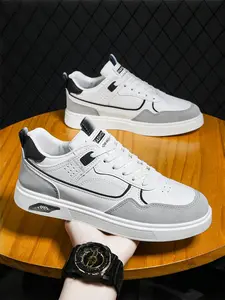 Unisex Casual Striped Athletic Sneakers, Walking Shoes, PU & Rubber Material, Above-Ankle Design, Spring/fall Season, Trendy Warm Comfort Shoes