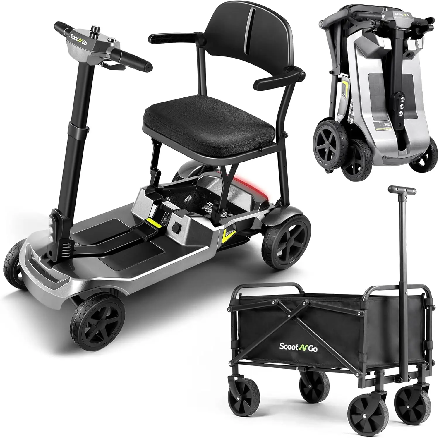 SCOOTNGO Mobility Scooters for Seniors, 4 Wheel Foldable Lightweight Airline Approved Mobility Scooter for Adults, Dual Batteries, Portable, No Assembly Needed (Silver Grey, with Folding Trailer)