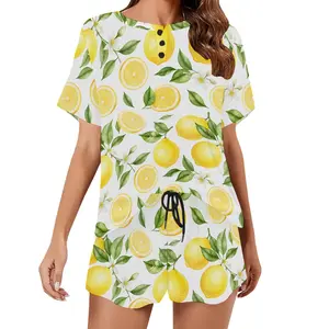 Lemon Print Short Sleeve Pajama Romper with Drawstring Waist – Cute Summer Loungewear & Sleepwear Set